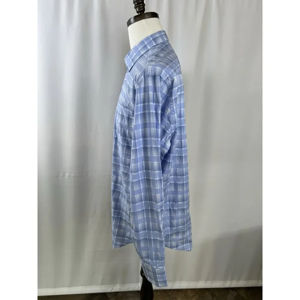 Bugatchi White & Blue Plaid Casual Button Down Shirt - Size Large - Classic Fit